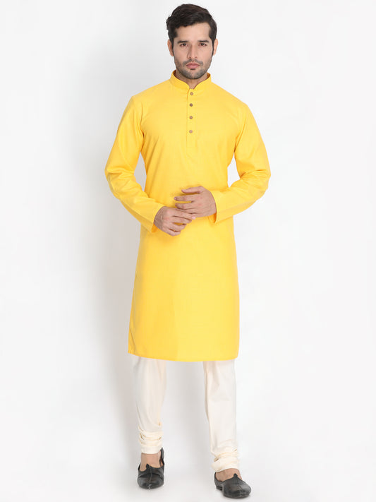 Men's Yellow Cotton Linen Blend Kurta Pyjama Set