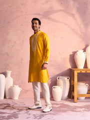 Men's Yellow And Cream Moonga Silk Kurta Pyjama Set