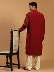 Men's Maroon And Cream Georgette Kurta and Patiala Set