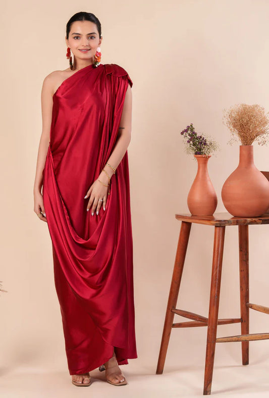 Women Stylist Maroon Red One Shoulder Pleated And Drape Style Satin Gown