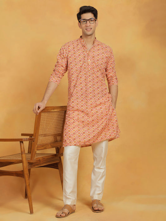 Men's Orannge And Cream Maslin Kurta And Pyjama Set