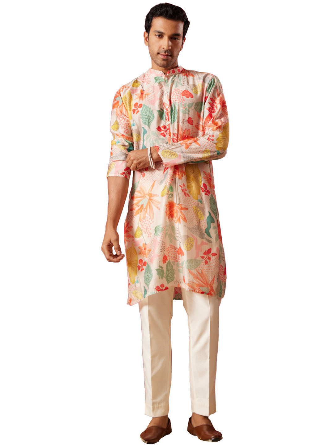 Men's Multi color Base Pink Cotton blend Kurta Pyjama Set