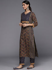 navy blue printed yoke design kurta  paired with printed straight pant  and dupatta