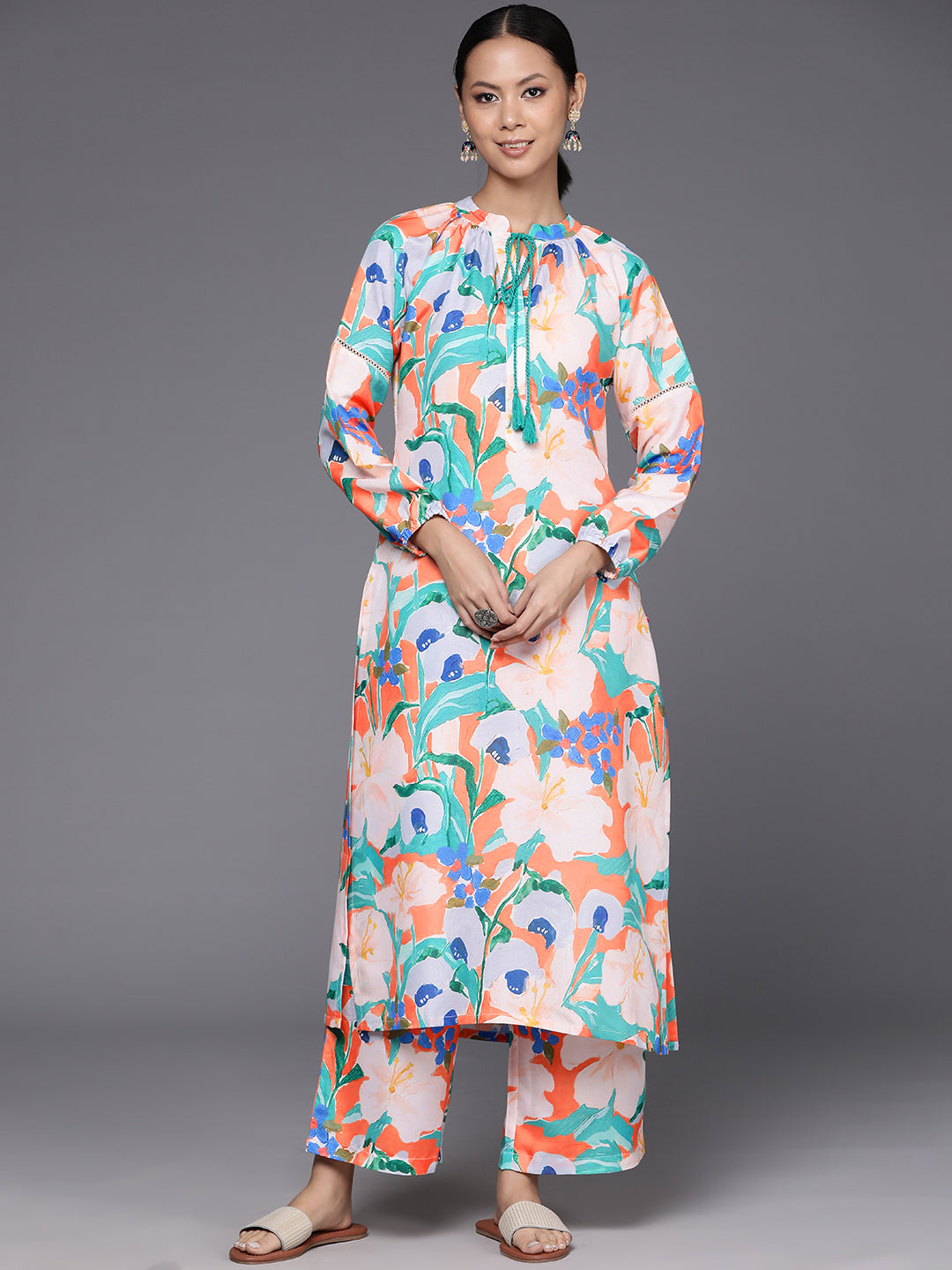 Kalini Women Orange Floral Printed Mandarin Collar With Gathered Details, Bishop Sleeves Straight Kurta Paired With Printed Bottom