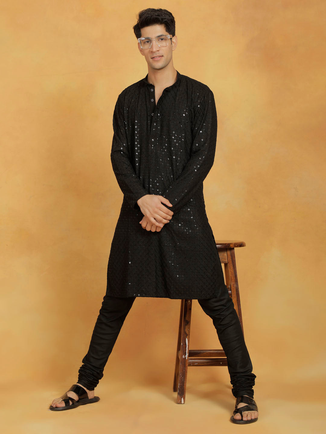 Men's Black Cotton Blend Kurta