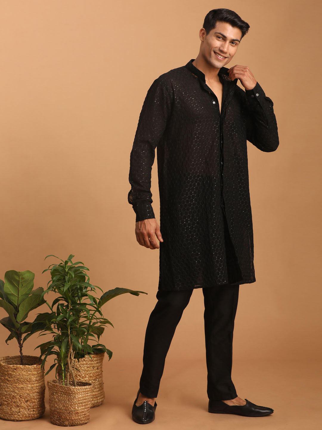 Men's Black Georgette Kurta