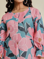 Women Teal And Pink Floral Printed Straight Kurta Paired With Bottom