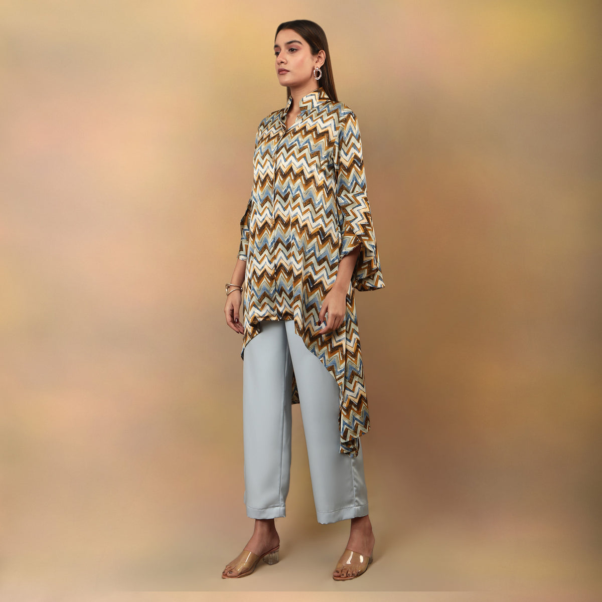 Chevron Printed High Low Kurta Flare