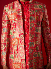 Men's Red Silk Blend Jacket, Kurta and Pyjama Set