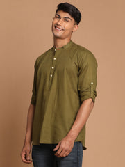 Men's Dark Green Cotton Blend Short Kurta