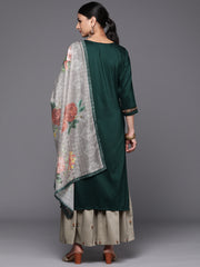 Women Green Three Quater Sleeve Embroidered Kurta Paired With Sharara And Dupatta