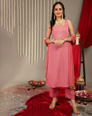 women Mauve Straight Kurta With Tonal  Bottom & Dupatta