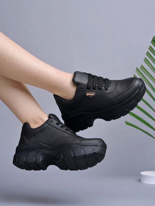 Shoetopia Lace-up Detail Black Chunky Sneakers For Women & Girls