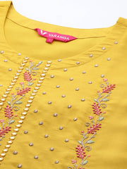 Women Yellow Embroidered Straight Kurta Paired With Tonal Bottom And Dupatta.