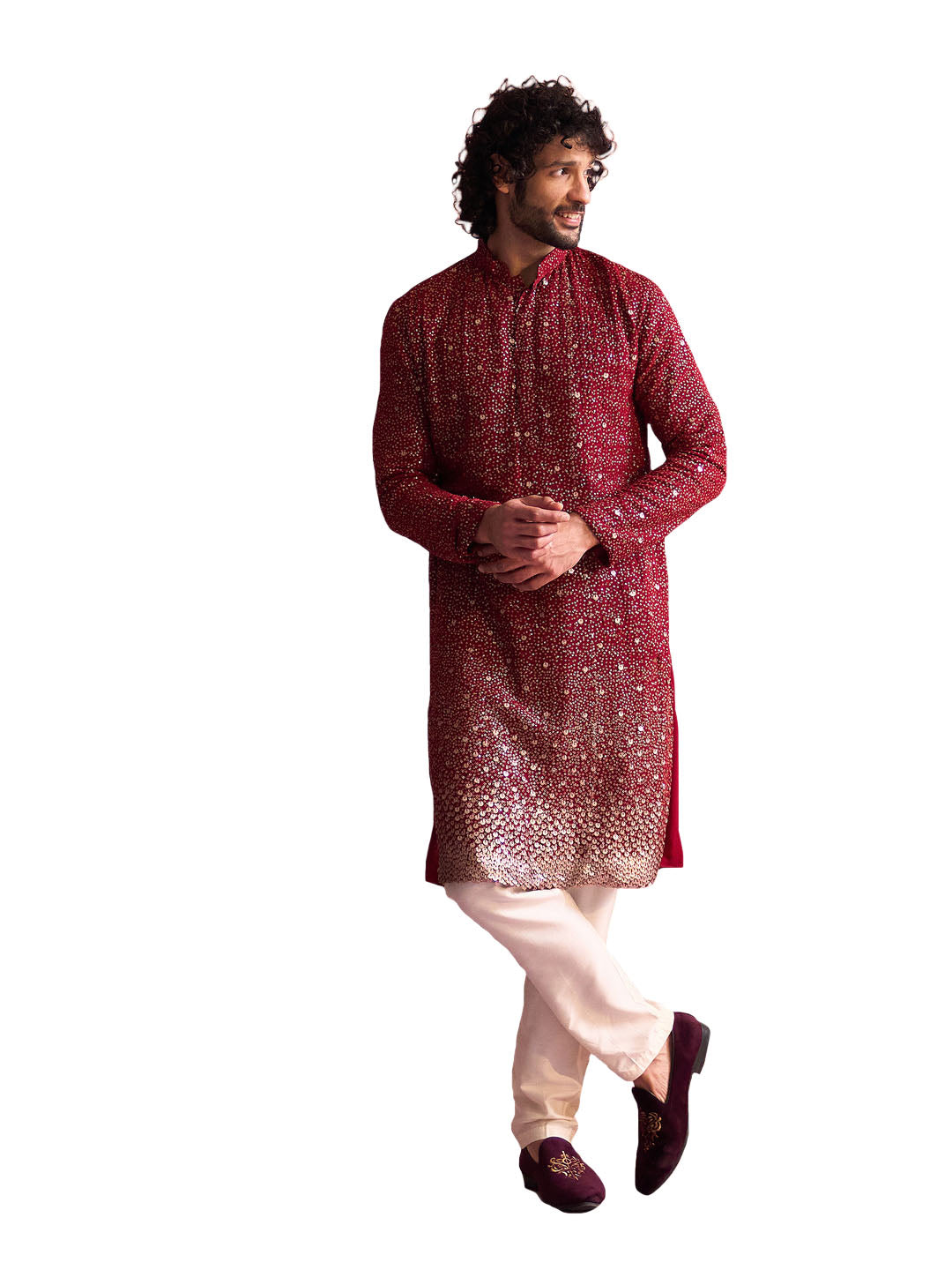 Men's Maroon And Cream Georgette Kurta Pyjama Set