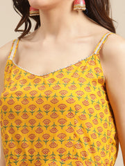 Mustard Strap Style Printed Kurta Sharara Set With Solid Dupatta