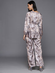 Women Grey Floral Printed Top Paired With Tonal Printed Bottom