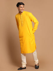 Men's Yellow And Cream Cotton Blend Kurta Pyjama Set