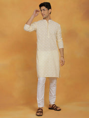 Men's Yellow And White Cotton Kurta And Pyjama Set