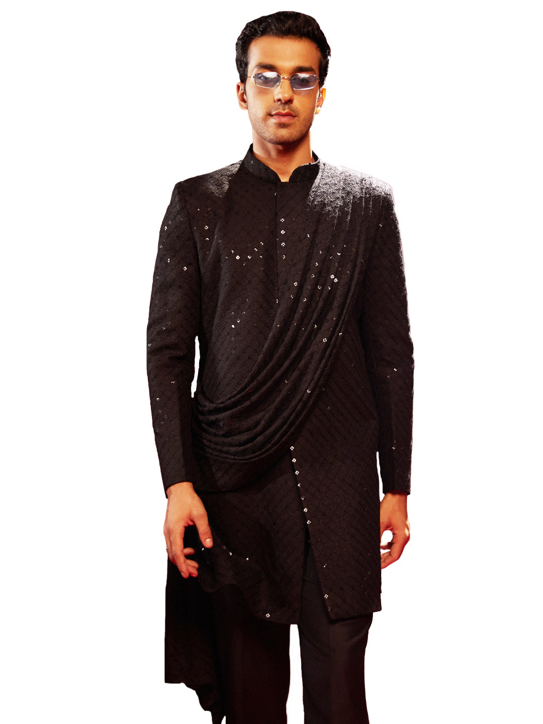 Men's Black Silk Blend Sherwani Only Top