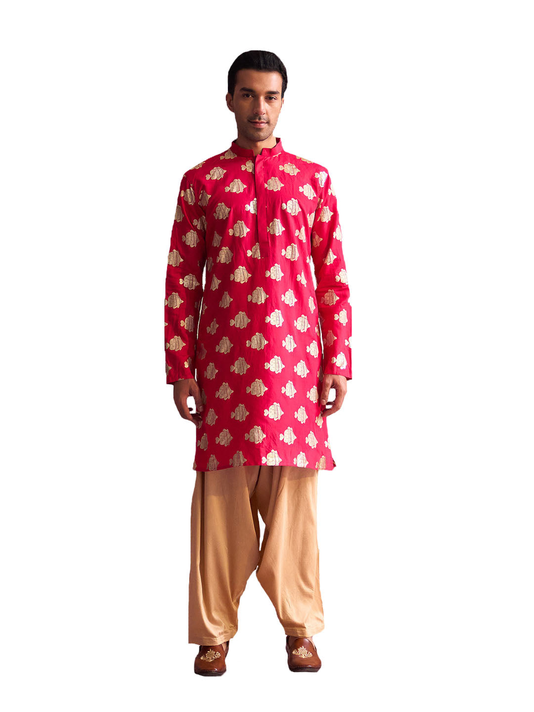 Men's Valentino Pink And Rose Gold Viscose Kurta and Patiala Set