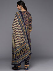 navy blue printed yoke design kurta  paired with printed straight pant  and dupatta