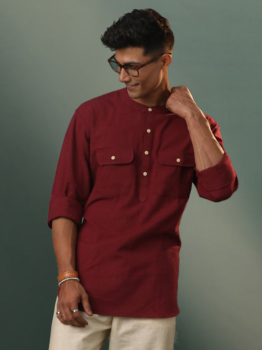 Men's Maroon Cotton Short Kurta