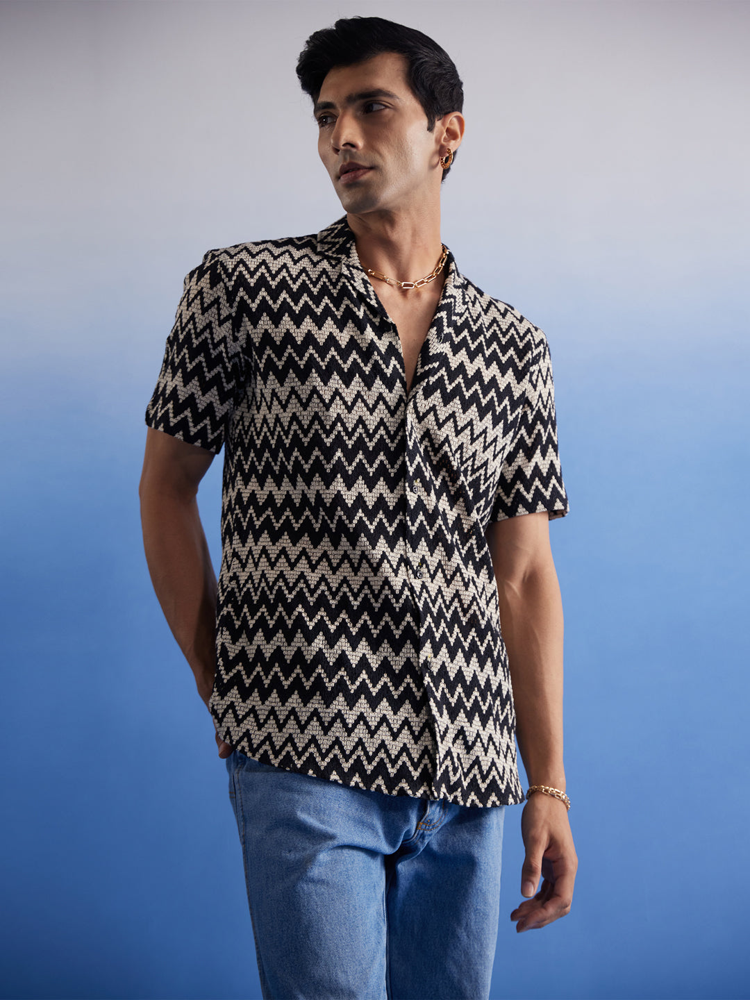 Men's Beige And Black Cotton Blend Ethnic Shirt