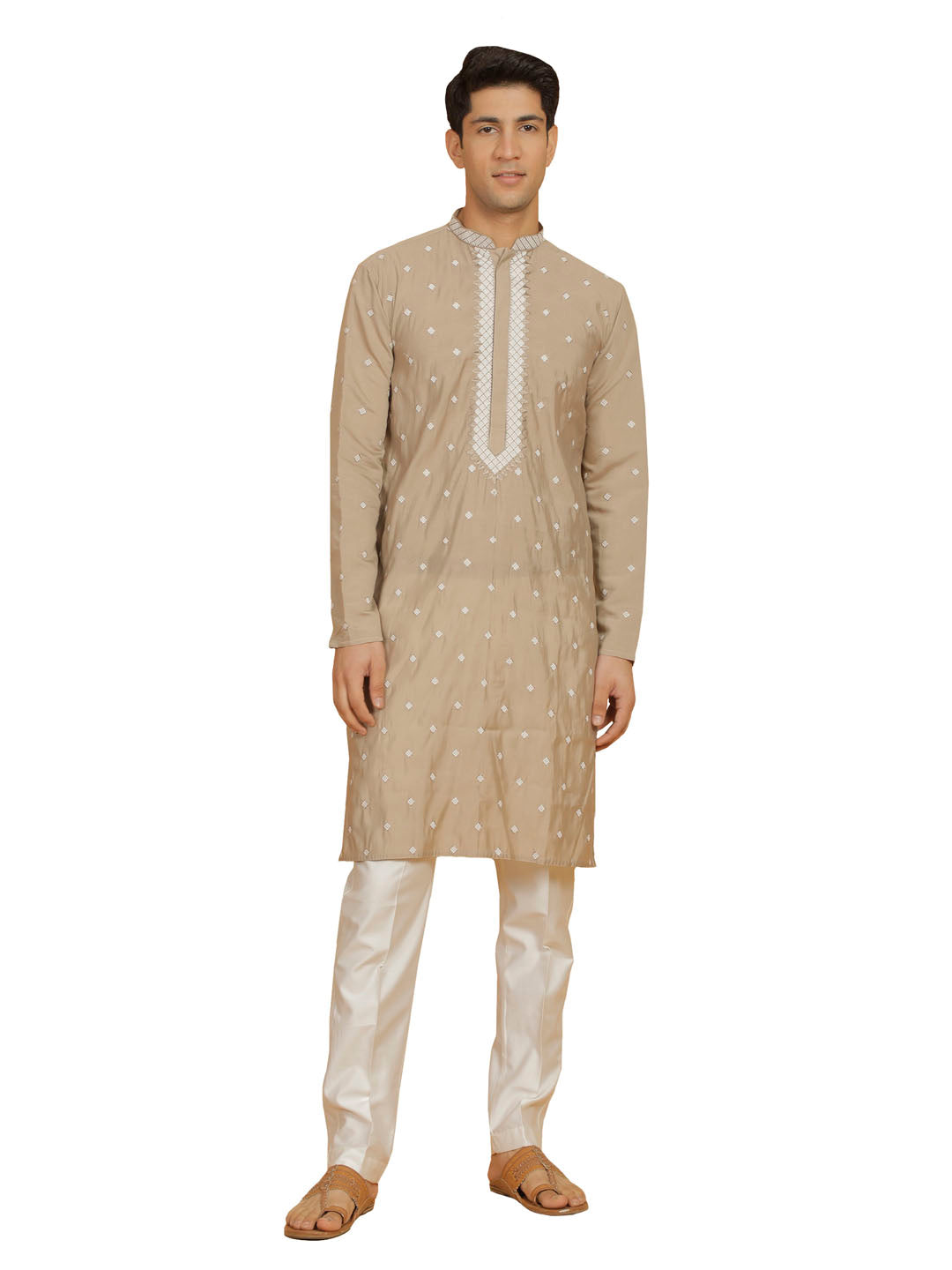 Men's Gray And White Silk Blend Kurta And Pyjama Set