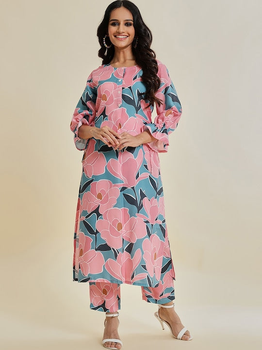 Women Teal And Pink Floral Printed Straight Kurta Paired With Bottom