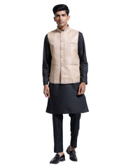 Men's Beige And Black Cotton Silk Jacket, Kurta and Pyjama Set