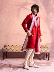 Men's Red And Cream Moonga Silk Kurta, Pyjama & Dupatta Set