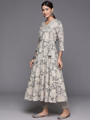 Kalini Women Grey Floral Printed Angrakha Style Anarkali Kurta Paired With Printed Bottom.