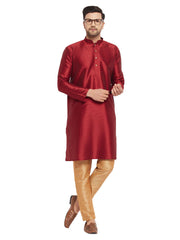 Men's Maroon And Rose Gold Silk Blend Kurta Pyjama Set