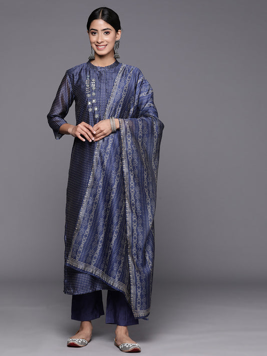 Women Navy Blue Bandhani Printed Straight Kurta With Three Quarter Sleeves Paired With Tonal Bottom And Printed Dupatta