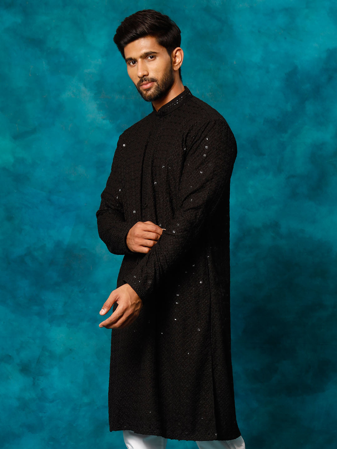 Men's Black Rayon Cotton Kurta