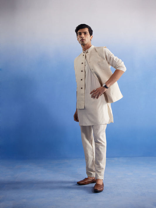 Men's Cream Cotton Jacket, Kurta and Pyjama Set