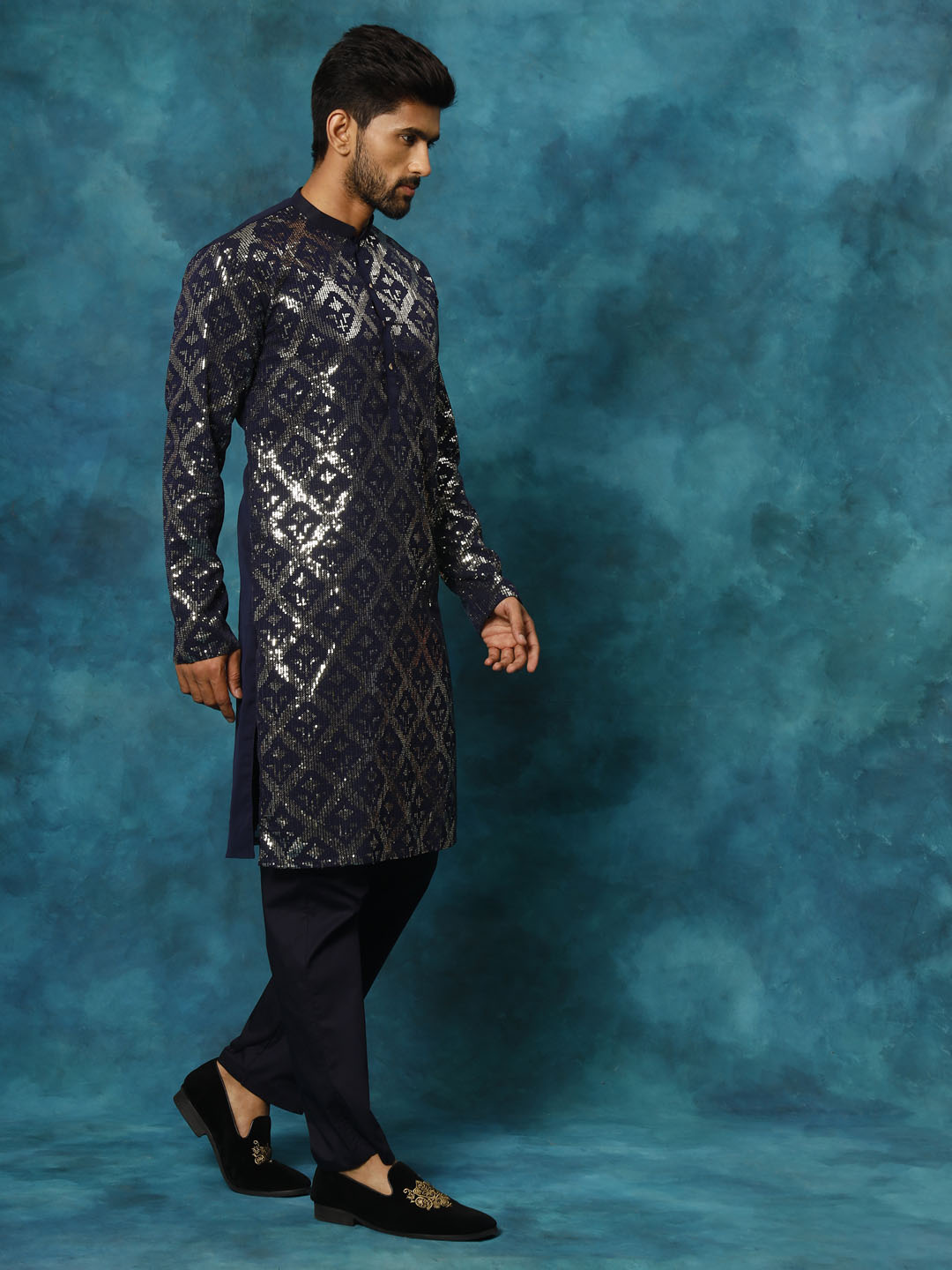 Men's Navy Blue Georgette Kurta Pyjama Set