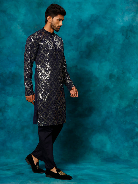 Men's Navy Blue Georgette Kurta Pyjama Set