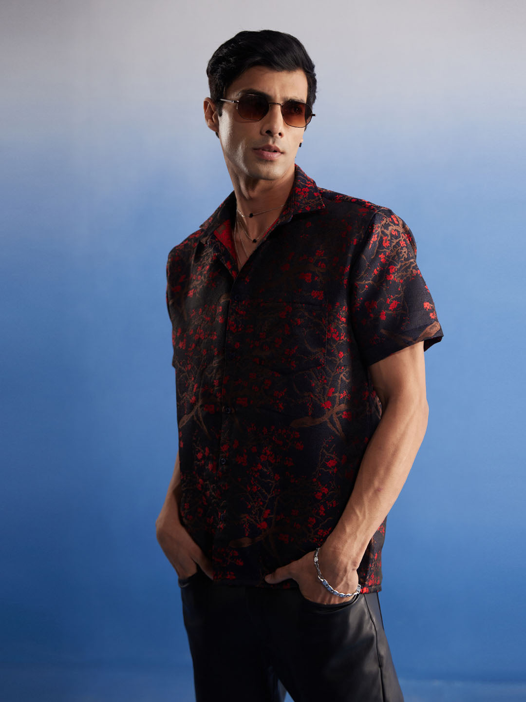 Men's Black Base Red Silk Blend Ethnic Shirt