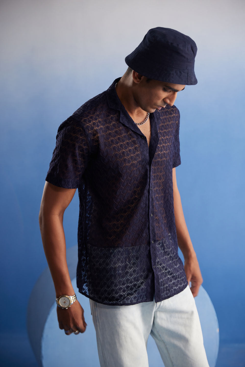 Men's Blue Net Ethnic Shirt