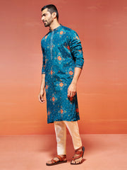 Men's Turquoise Chinon Kurta And Pyjama Set.