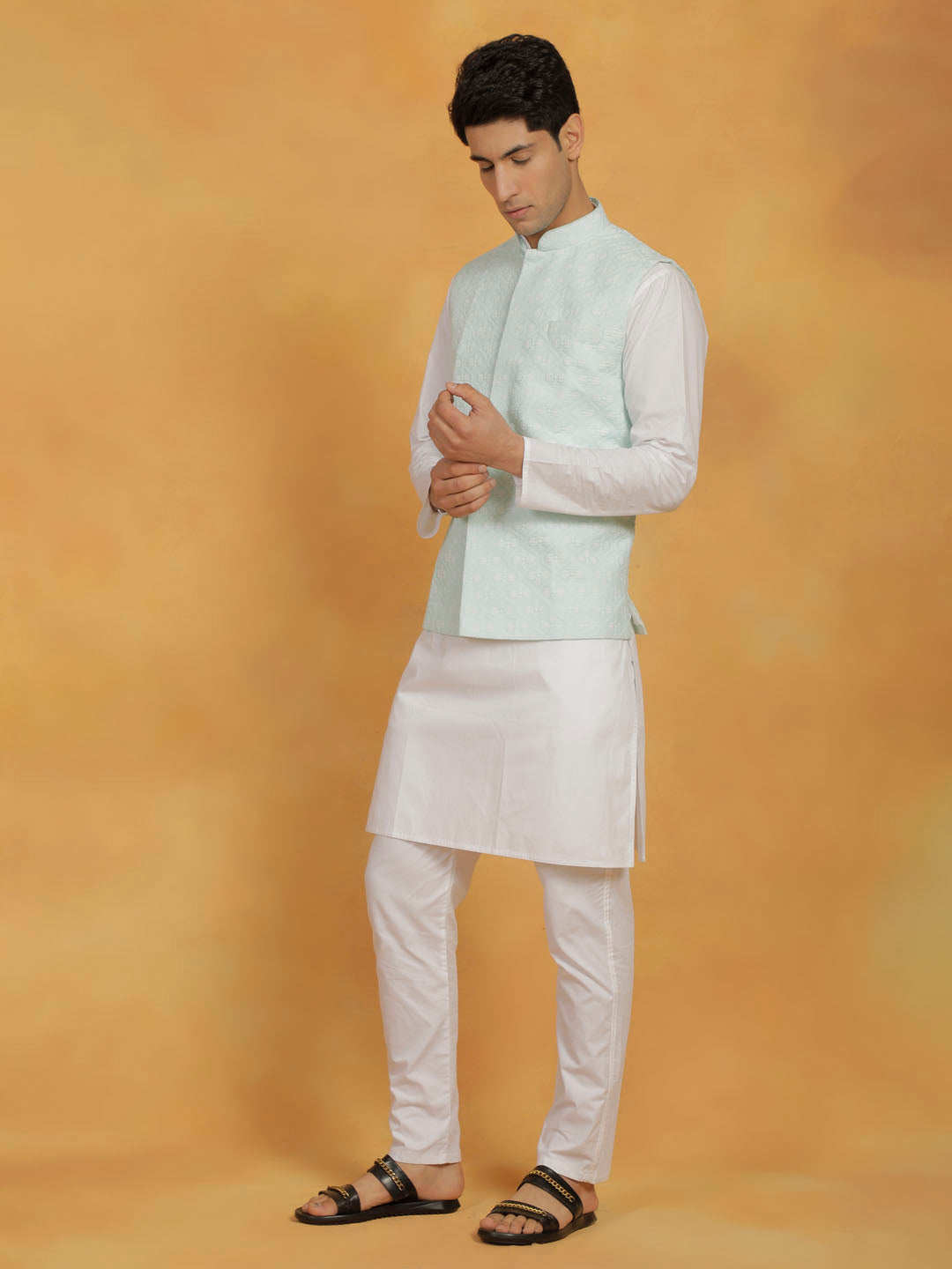 Men's White And Green Cotton Silk Jacket, Kurta and Pyjama Set