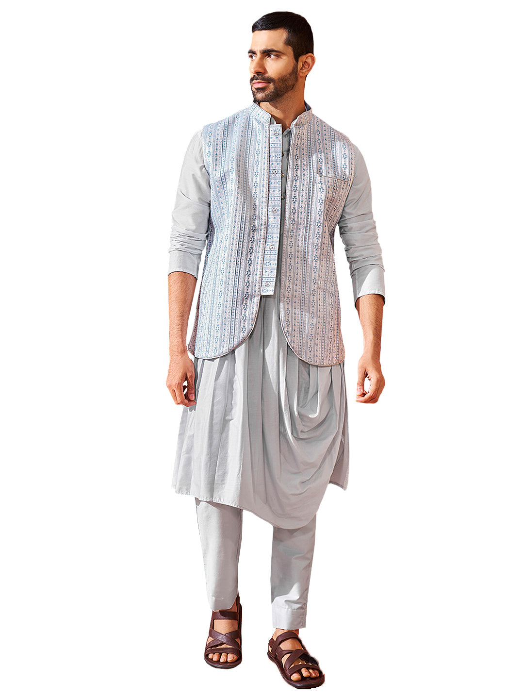 Men's Aqua Viscose Jacket,Kurta And Pyjama Set.