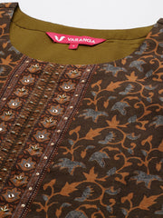 Women Brown Ethnic Motif Placket Embroidered Straight Kurta Paired With Tonal Solid Bottom And Printed Dupatta