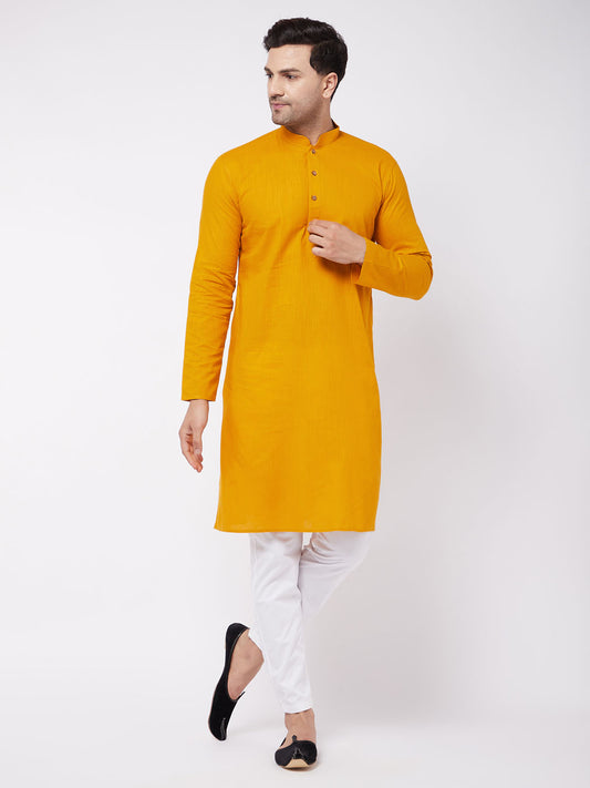 Men's Mustard And White Cotton Linen Kurta Pyjama Set