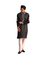 Men's Black And Cream Moonga Silk Kurta