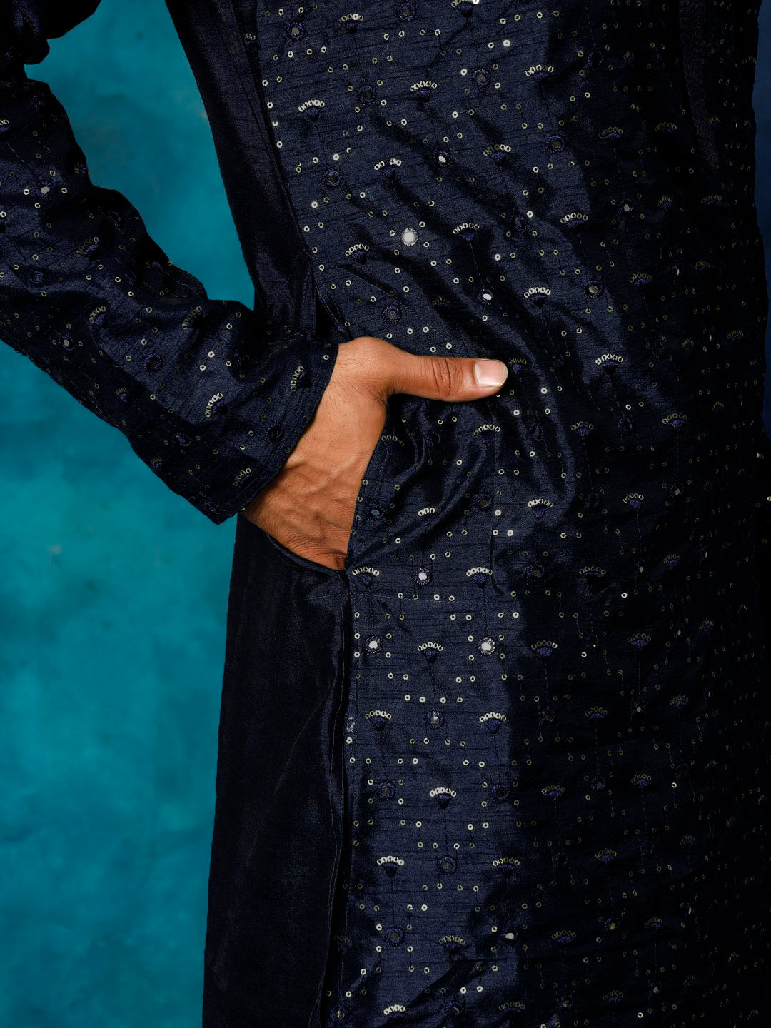 Men's Navy Blue Silk Blend Kurta