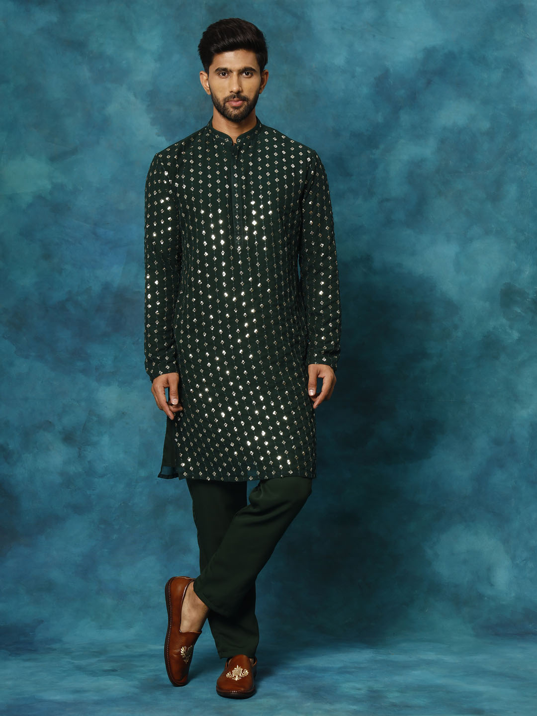 Men's Green Georgette Kurta Pyjama Set