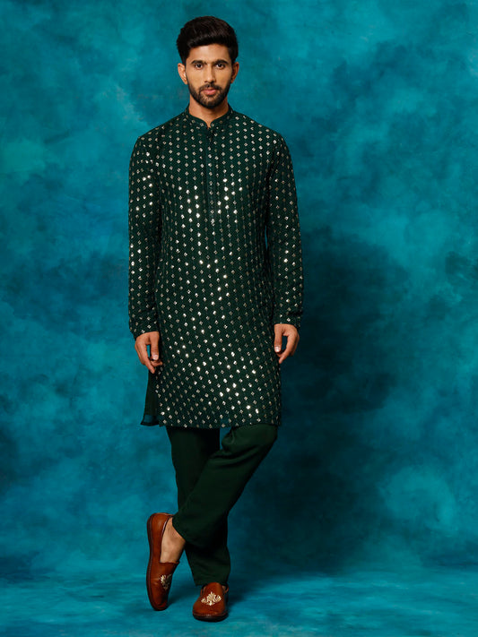 Men's Green Georgette Kurta Pyjama Set